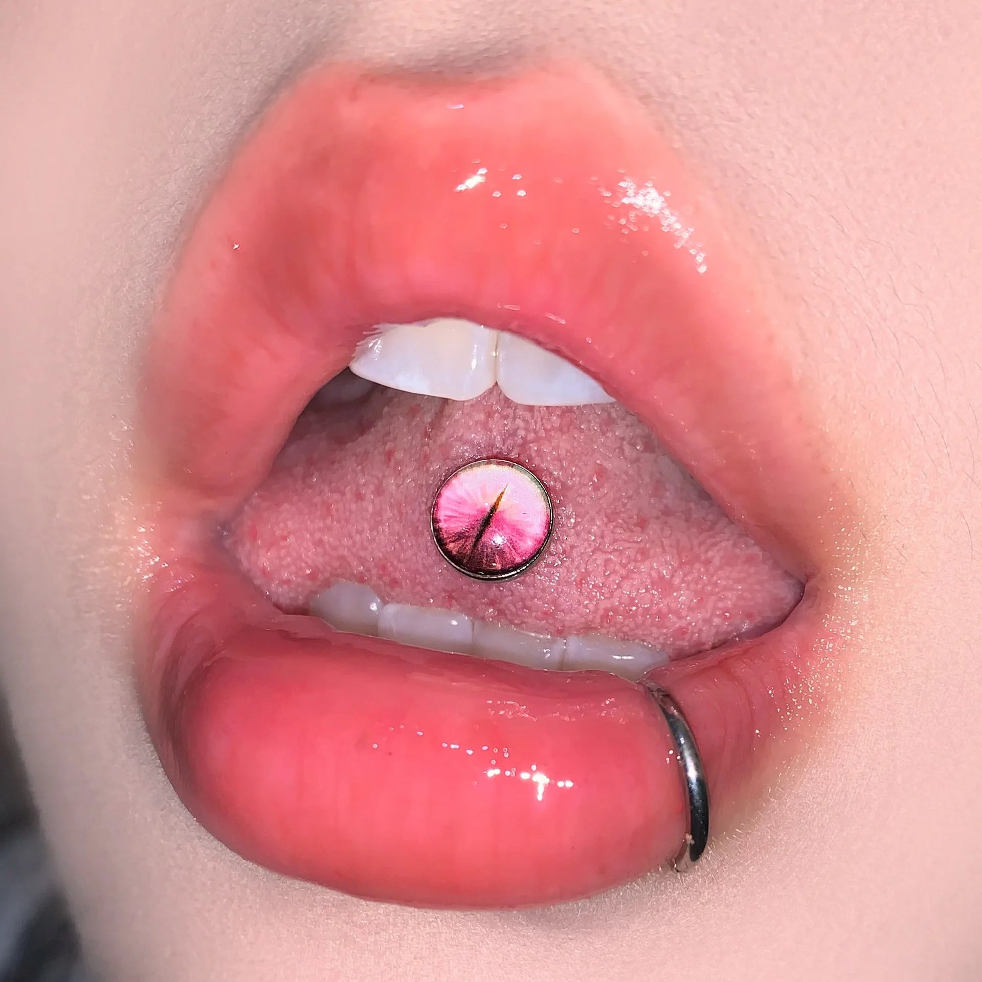 New Trendy Hypoallergenic Stainless Steel Colorful Eye Tongue Rings for Women Tongue lifestyle view