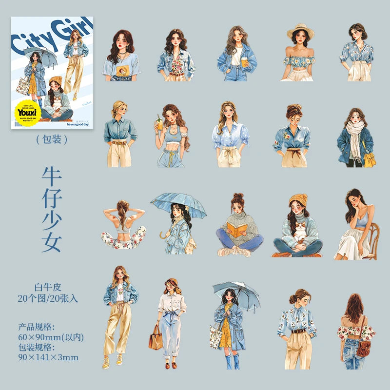 20pcs Fashion Girl Wear Stickers Set | Trendy Character Decals for Laptop Scrapbookin alternate view