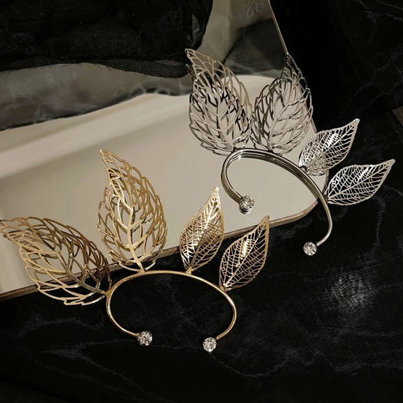 1Pc Chic Elf Ear Cuff Maple Leaf Hollowed Zircon Leaf Cosplay Fairy Earring Clips for lifestyle view