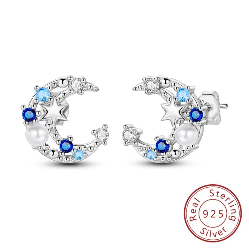 925 Stainless Steel Stud Earrings For Women Girls Simple Flower Bow Star Moon Zircon Pie detail view