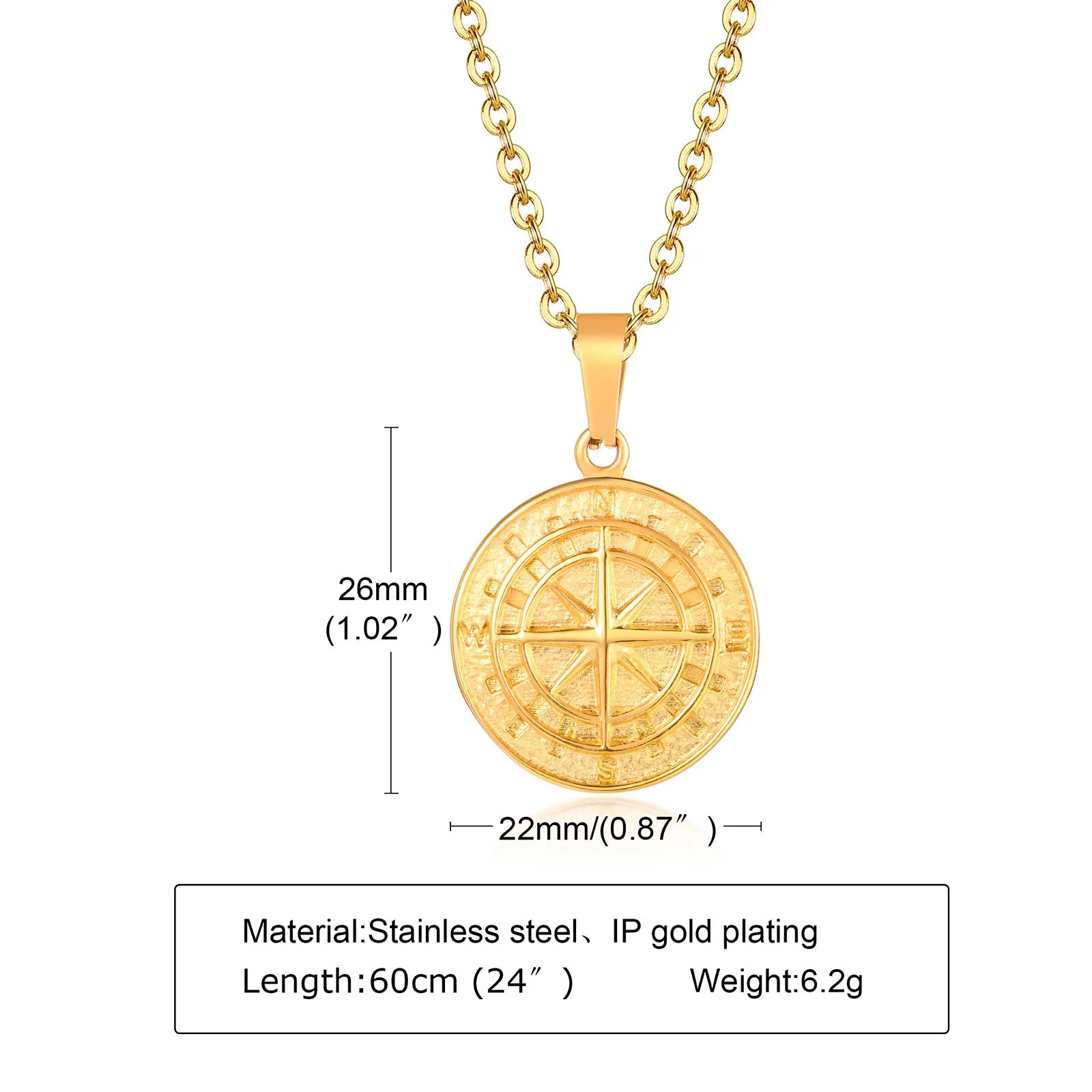 Vintage Compass Pendant Necklace | Stainless Steel Coin Necklace for Men close-up view