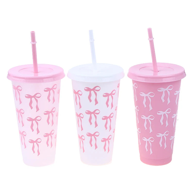 710ml Bow Reusable Party Cups With Straw Lid Coffee Juice Tea Cute Tumbler With Str additional angle
