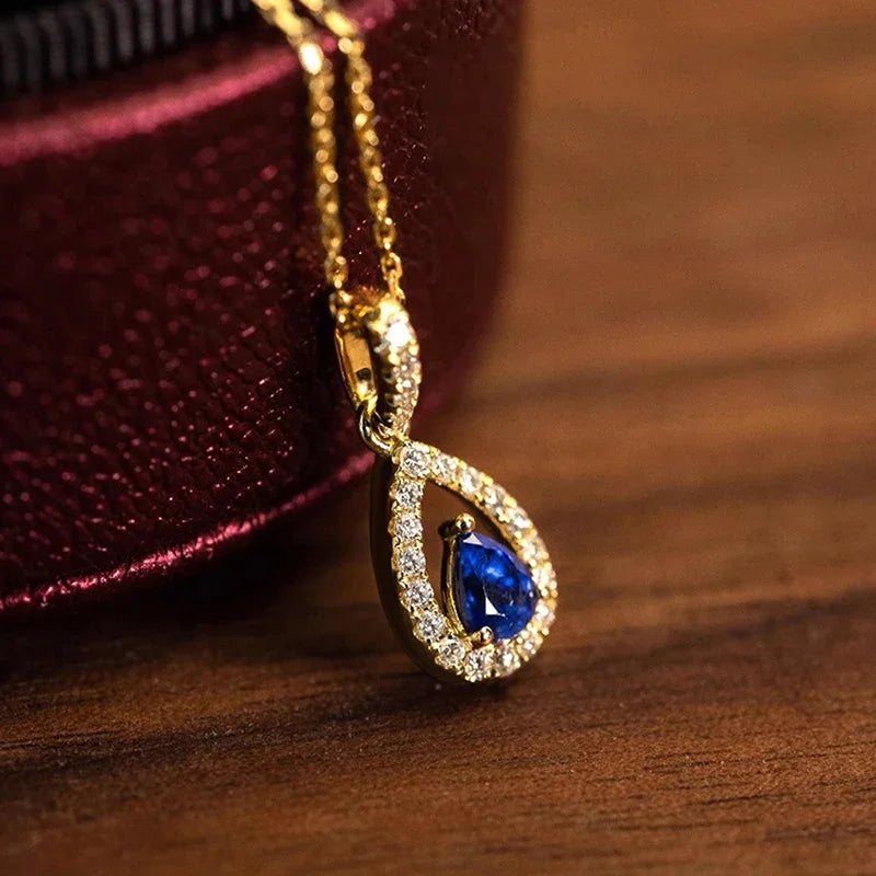 Huitan Gold Color Waterdrop Pendant with Blue Cubic Zirconia Necklace for Women Temperam detail view