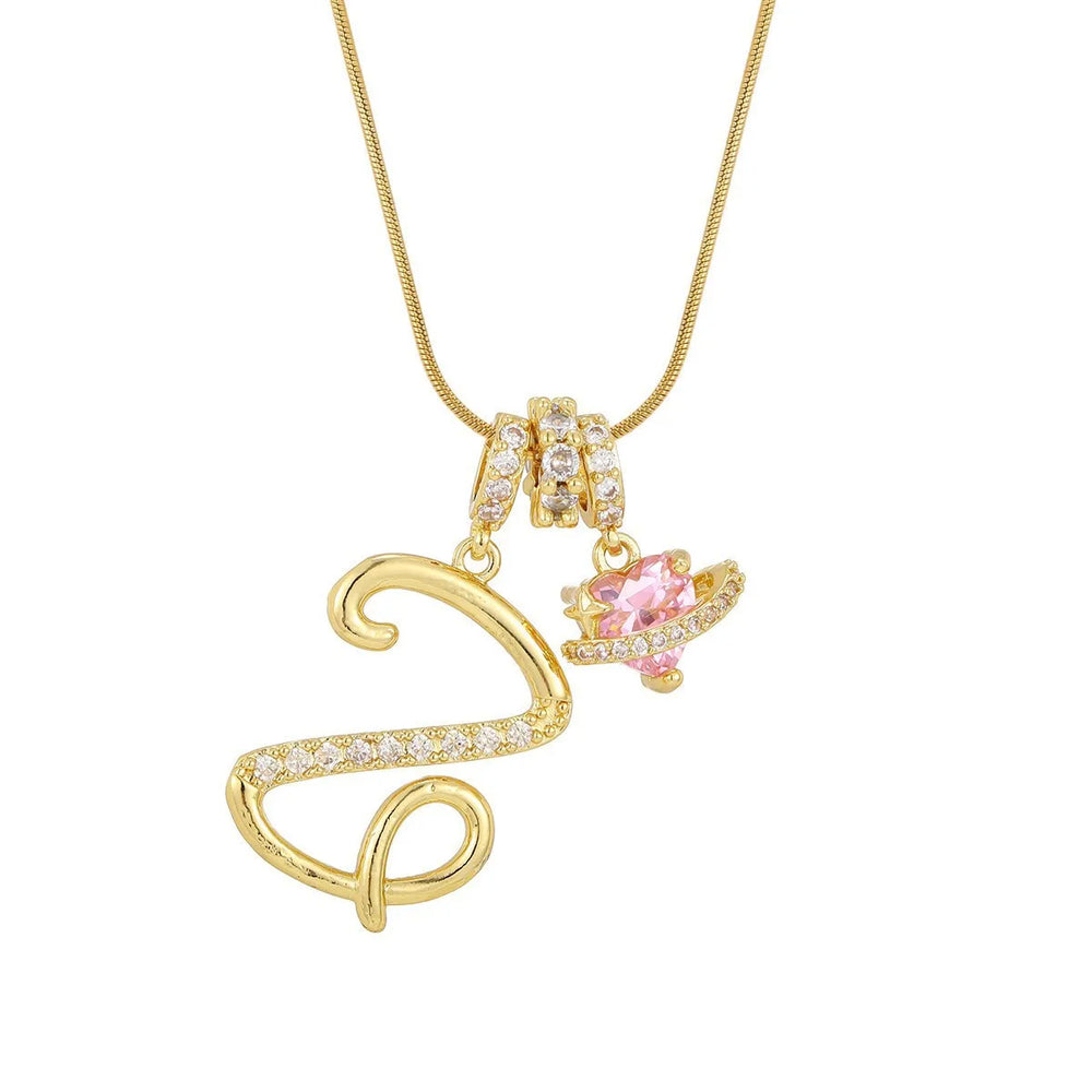 Fashion Letter Necklace for Women Pink Zircon Heart-shaped Pendant Suitable for Girls alternate view