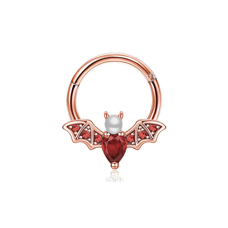 1Pcs 16G Halloween Bat Septum Nose Ring Inlaid Shiny Zircon, Sweet Hinged Nose Ring Se close-up view