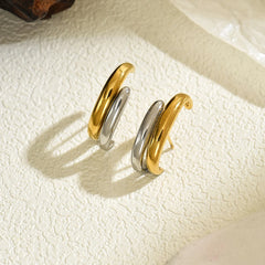 Gold Silver Irregular C-Shape Stud Earrings | Stainless Steel Bicolor Geometric Jewelr close-up view