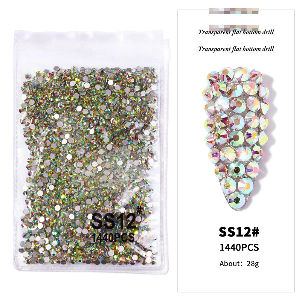AB/Clear 1 Bag Nail Rhinestones Sizes SS3-SS12 1440 pcs Nail Art Decoration Flatbac additional angle