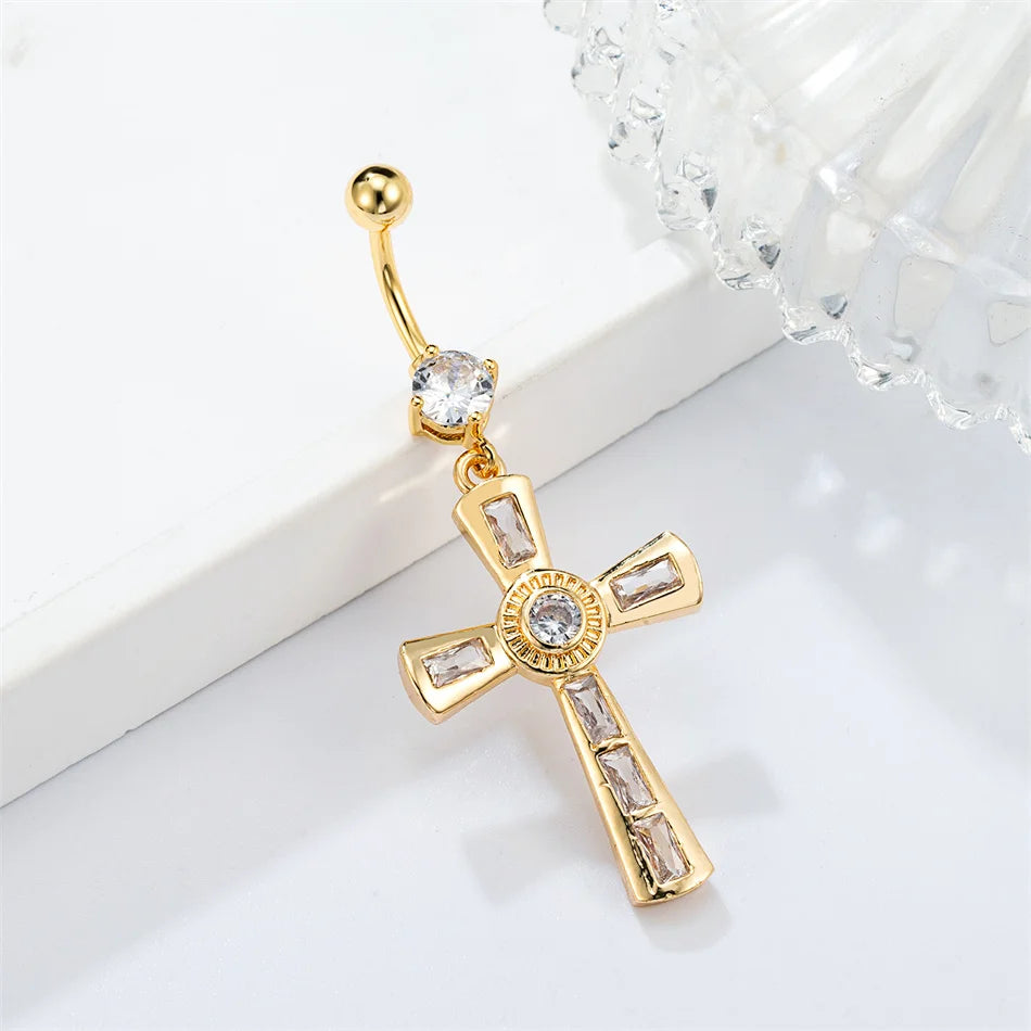 Internal Thread Titanium Navel Rings Dangle CZ Cross Jesus Mother Golden Belly Pierci alternate view