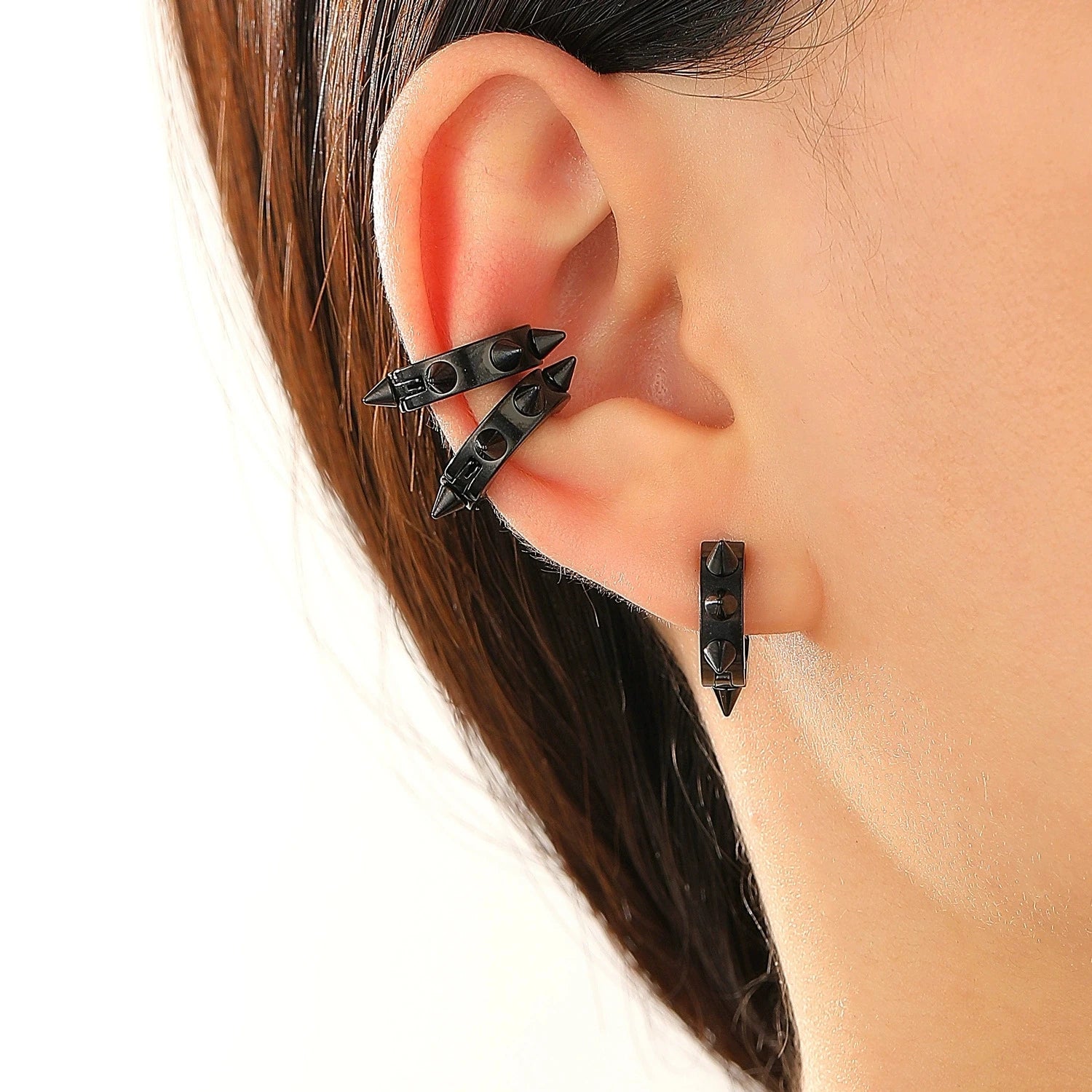 3Pcs Stainless Steel Gothic Punk Clip Earrings Unisex Spike Rivet Cross Non-Pierced E alternate view