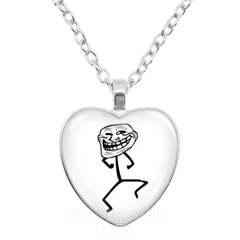Rage Comic Necklace Derp Face Trollface Funny Meme Cartoon Glass Heart Shape Pendan additional angle