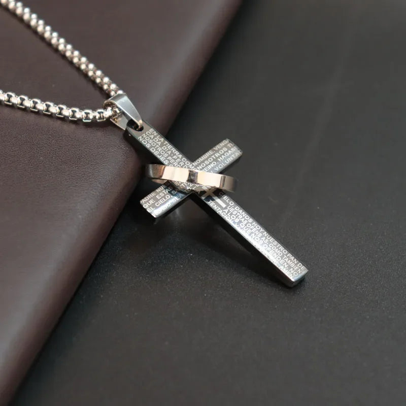 Simple Cross With Circle Pendant Necklace | Stainless Steel Christ Cruz Chain for Men alternate view