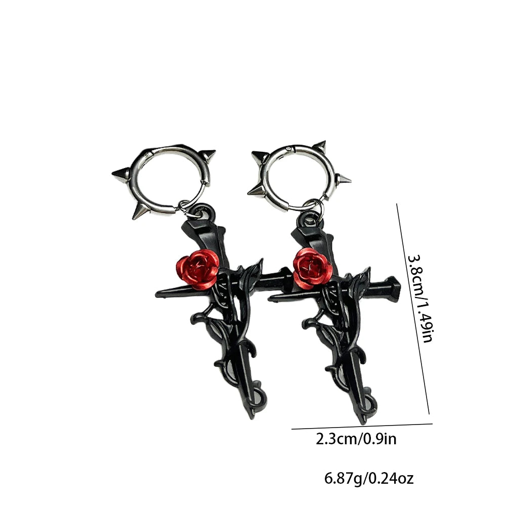 Gun-black Cross Rose Earrings Gothic Halloween Happy Night Rock Hip Hop Jewelry Earrin close-up view