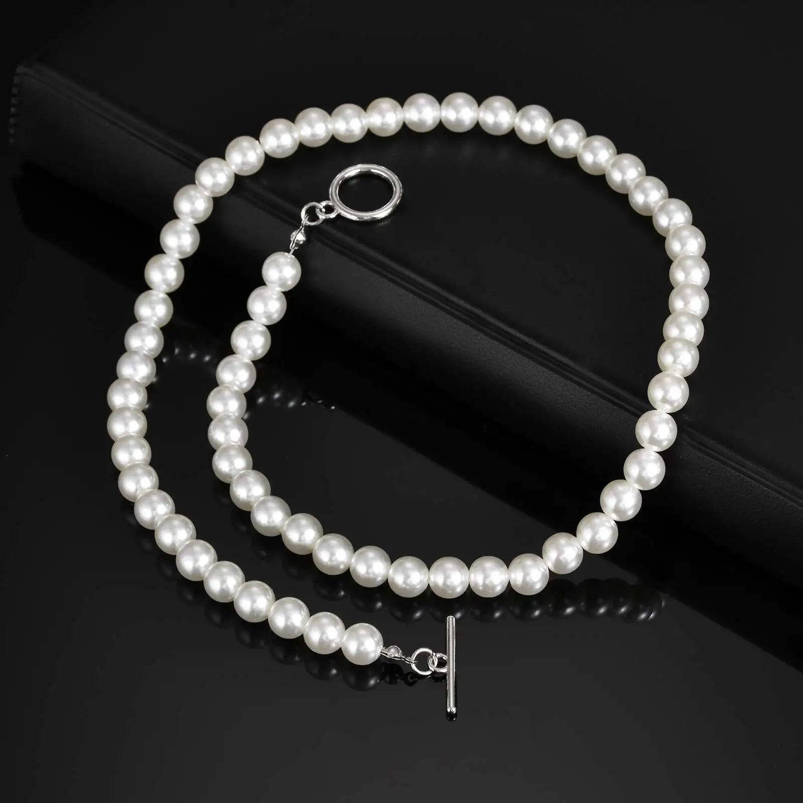 8mm Pearl Necklace for Men Women,White Imitation Pearl Beaded Collar,Casual Jewelry G lifestyle view