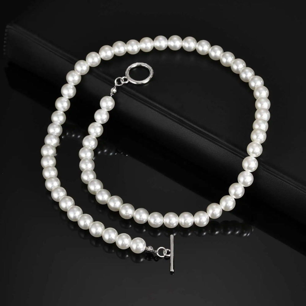 8mm Pearl Necklace for Men Women,White Imitation Pearl Beaded Collar,Casual Jewelry G lifestyle view