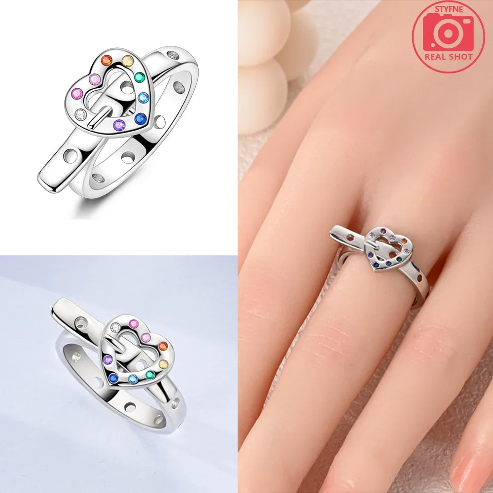 Original Romantic Heart-shaped White Zircon Shell Bowknot Rings 925 Sterling Silver Wome detail view