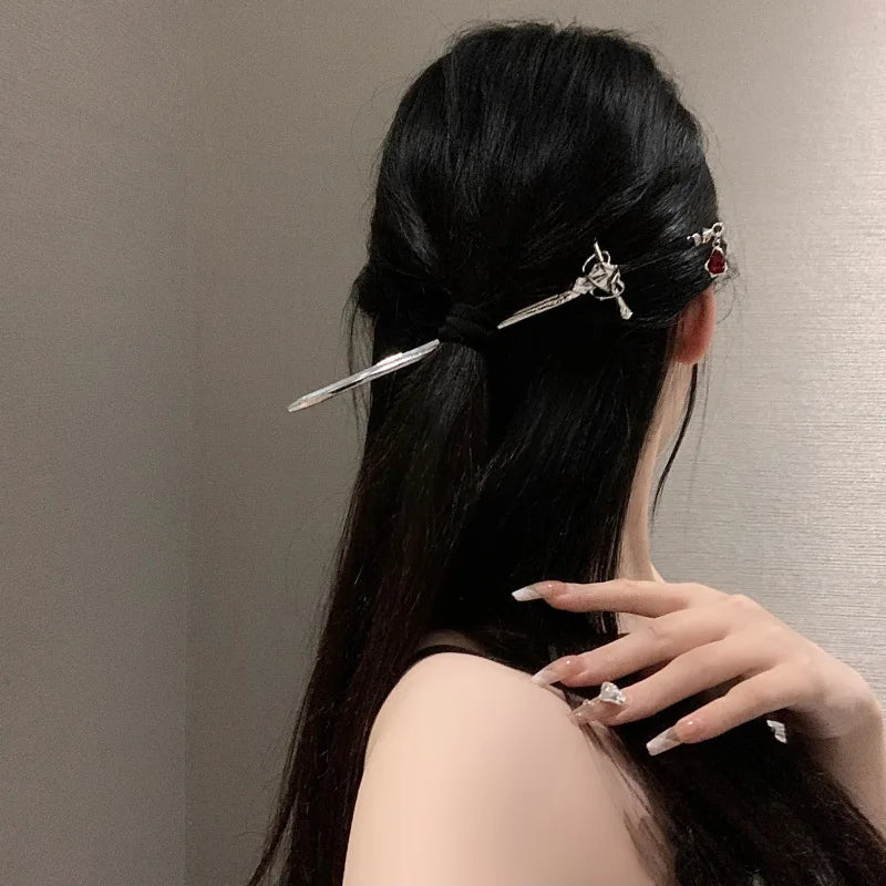 Chinese Style Sword Hairpin For Women Punk Ruby Hair Stick Ponytail Hair Pins Hairstyle Tools Daily Hair Accessories K-