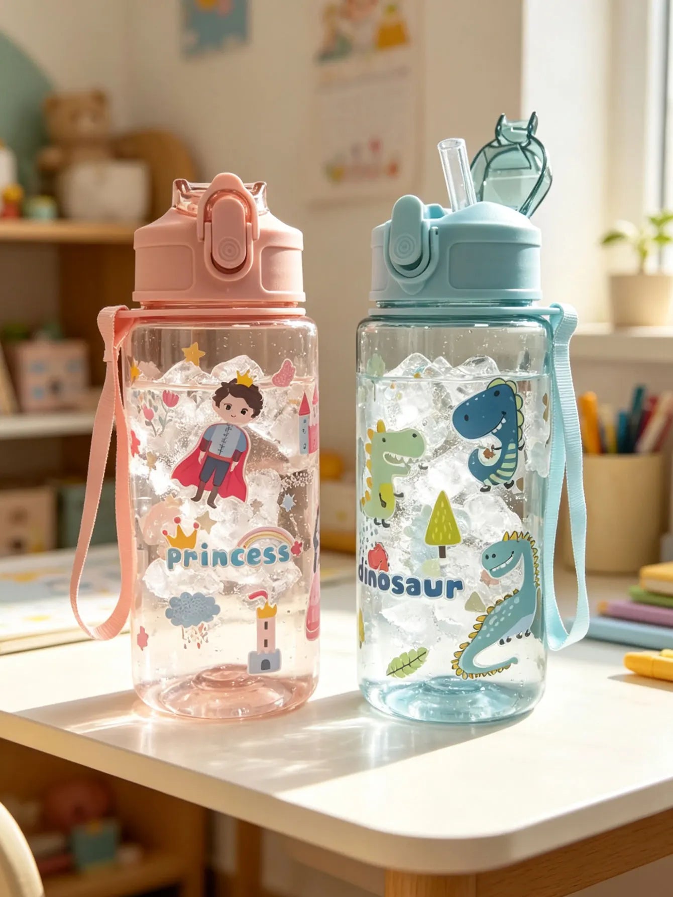 1 Piece 500ml (19 fl oz) Cartoon Printed Straw Cup, Summer Plastic Water Bottle, BPA alternate view