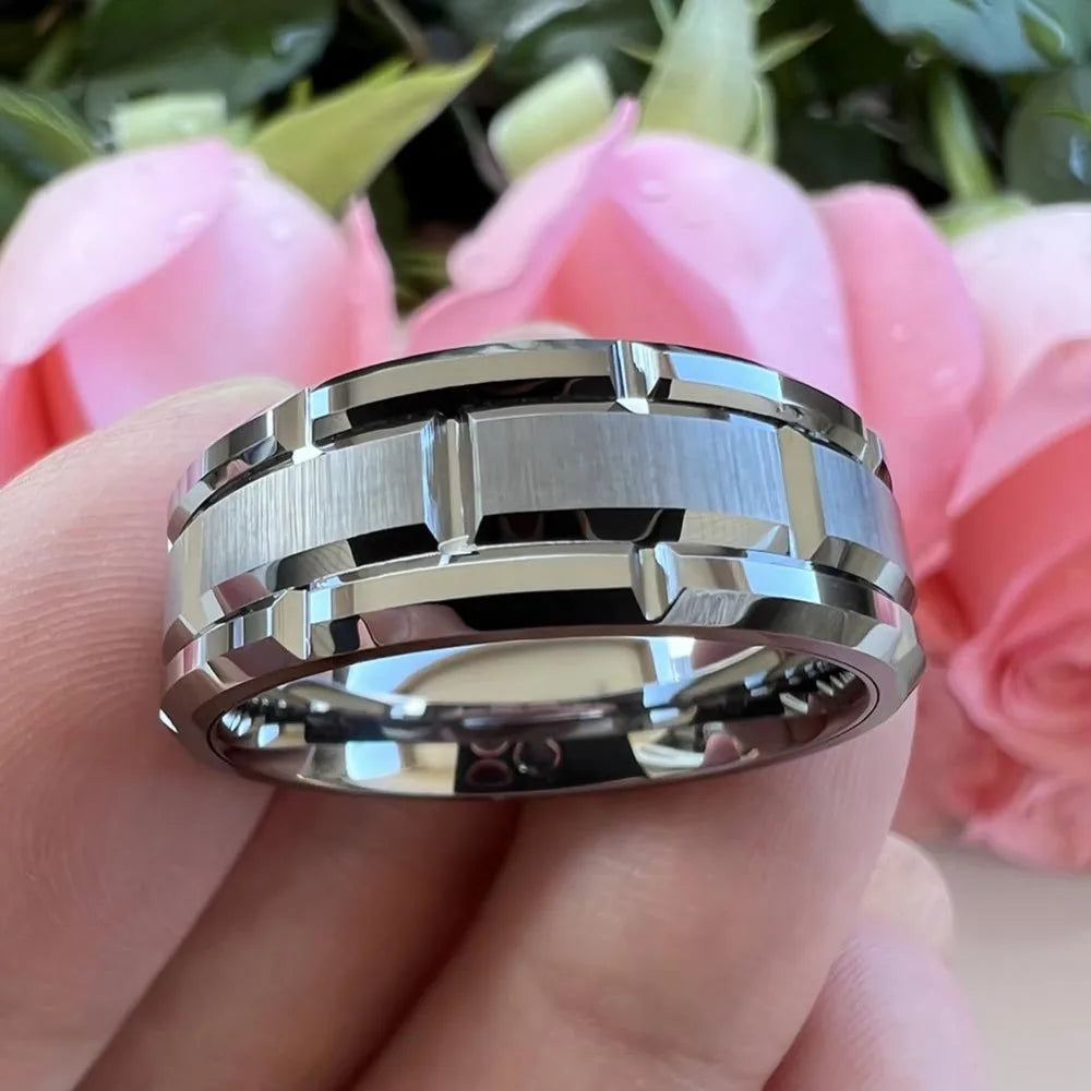 8MM Simple Silver Color Matte Men's Jewelry Groove Stainless Steel Rings Women Weddin alternate view