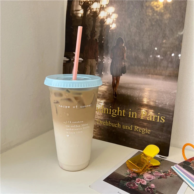 Kawaii Water Bottle For Coffee Juice Tea Cute Tumbler Plastic Cups With Straw Lid Por alternate view