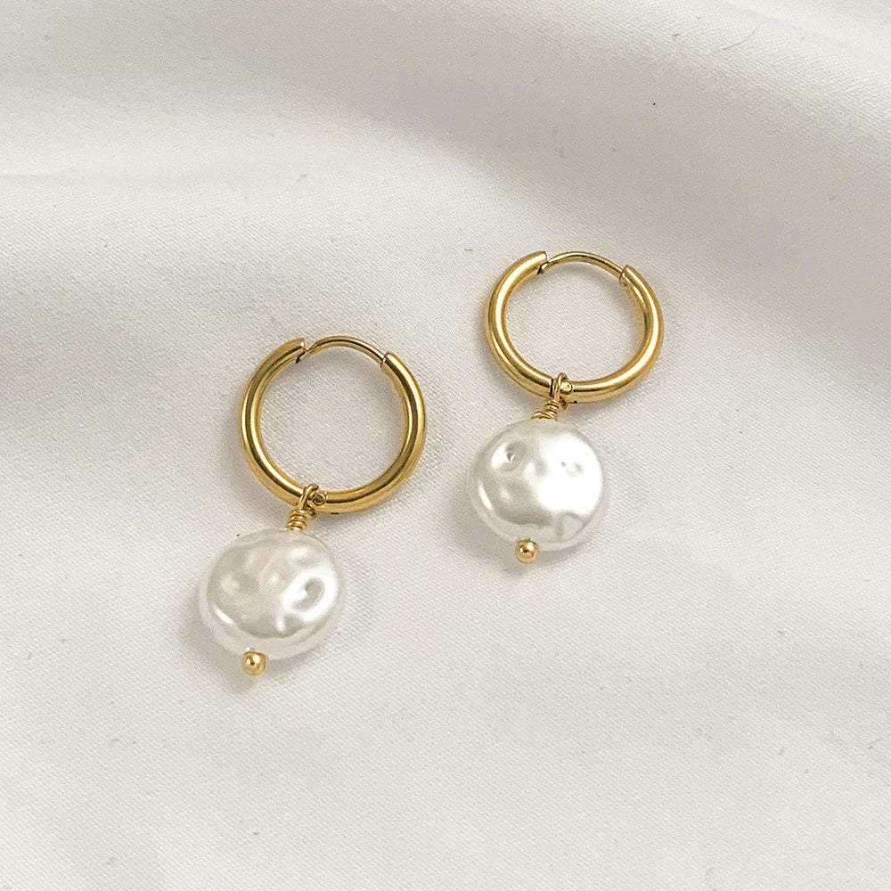 Trendy Asymmetry Pearl Drop Earrings | Stainless Steel Huggie Hoops for Women close-up view