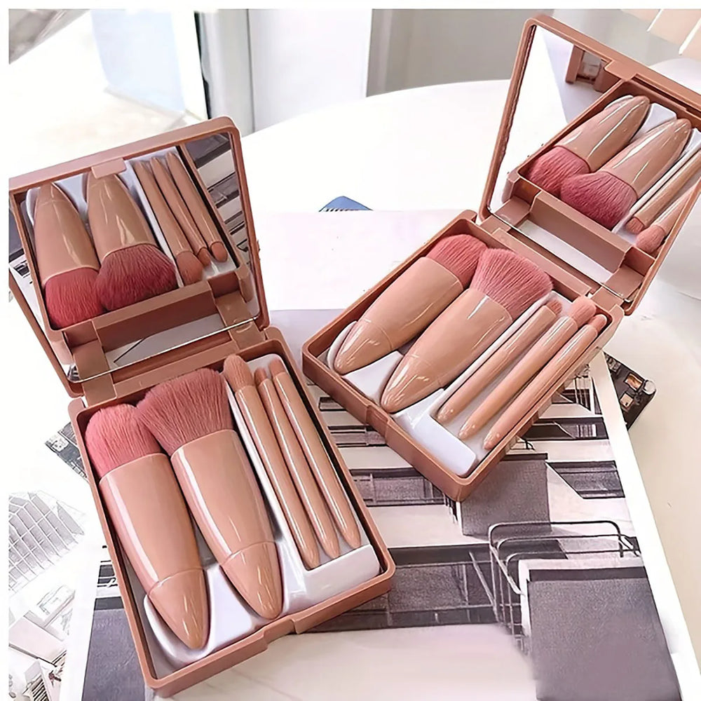 5Pcs Portable Makeup Brush Set With Mirror - Foldable Travel Kit ，Mini Makeup Brush Se close-up view