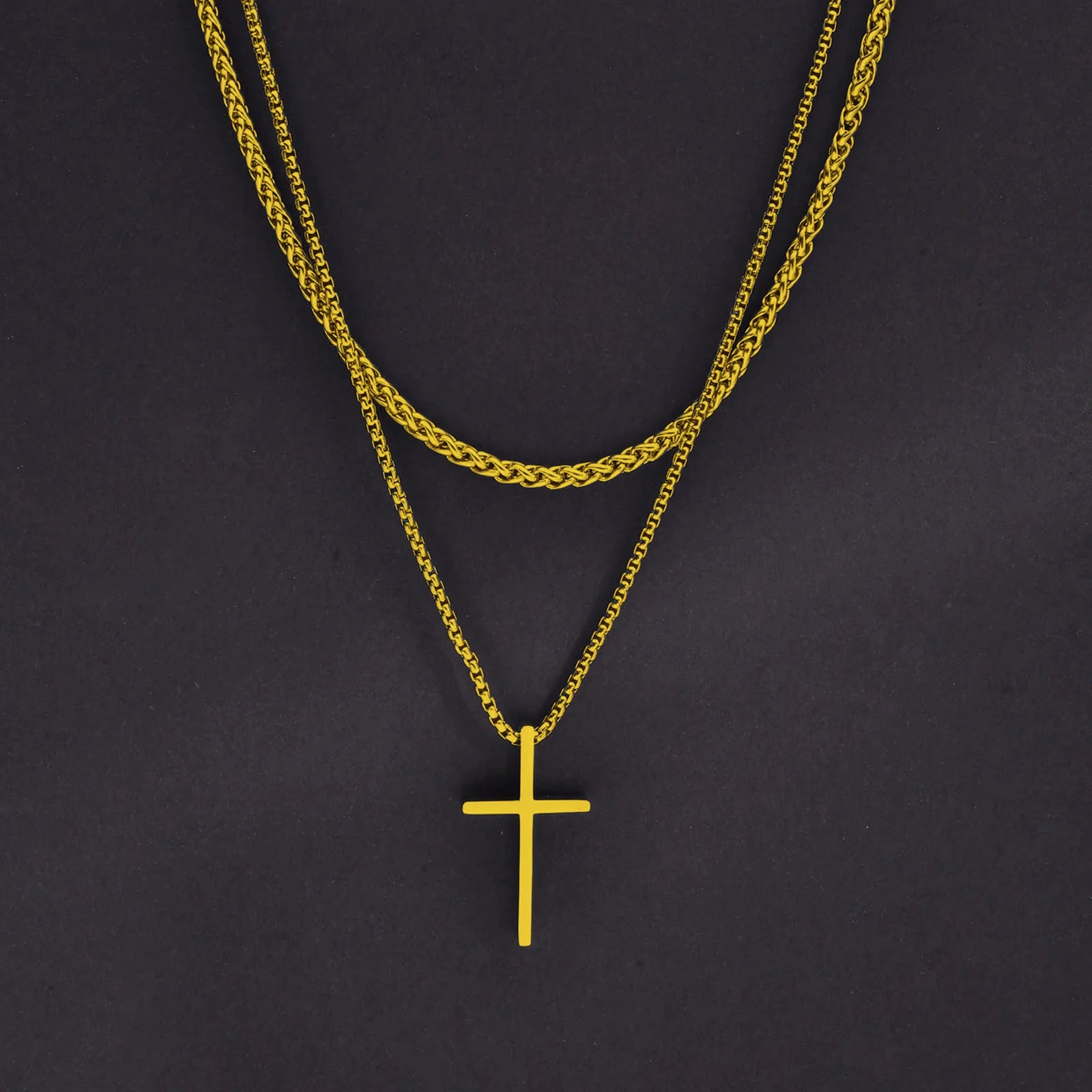 Men's Stainless Steel Layered Cross Necklace | Simple Prayer Pendant with Rope Box additional angle