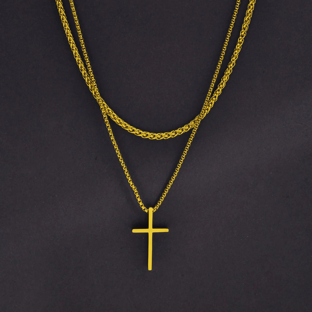 Men's Stainless Steel Layered Cross Necklace | Simple Prayer Pendant with Rope Box additional angle