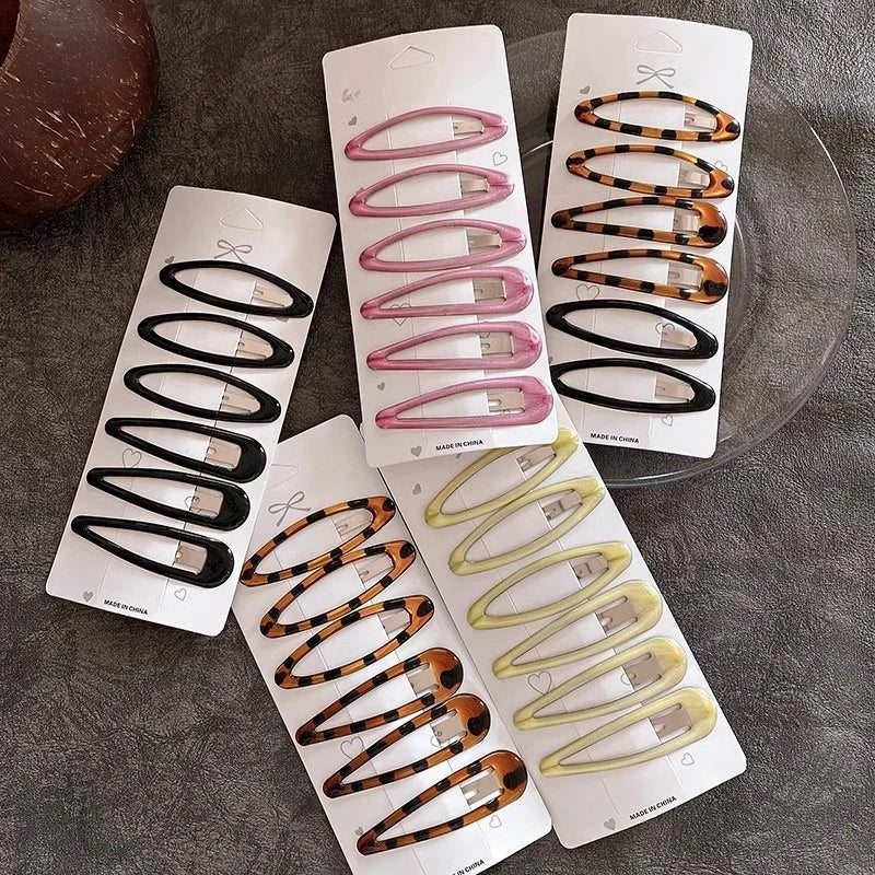 6pcs/pack Geometric Leopard Solid Snap Hairpins Fashion Alloy Bobby Pins Water-drop Oval Hair Clips