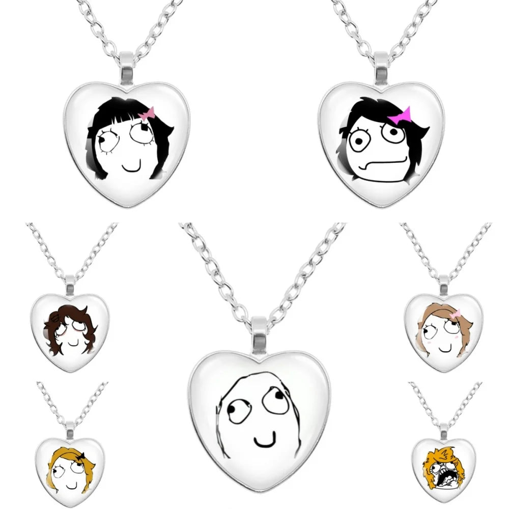Rage Comic Necklace Derp Face Trollface Funny Meme Cartoon Glass Heart Shape Pendant Chain Necklace