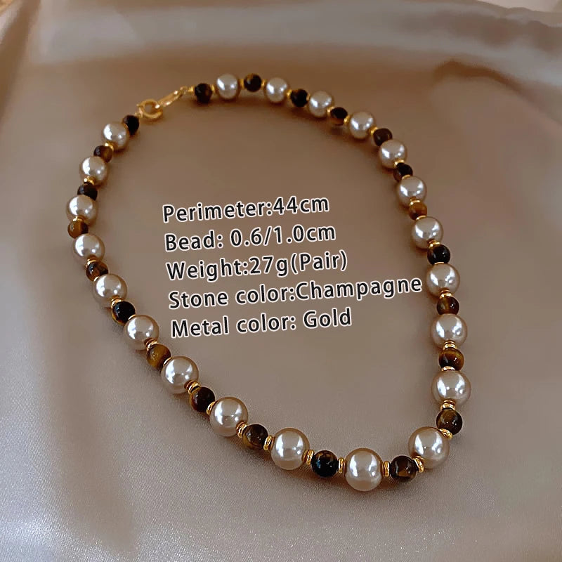 Warm Tiger's Eye Pearl Bead Necklace | Classic Sweater Chain Jewelry alternate view