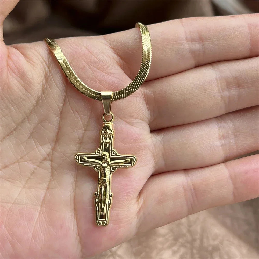 Stainless Steel Jesus Cross Necklace | Christian Pendant Jewelry for Men and Women close-up view