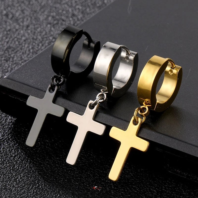 2pc Stainless Steel Men Cross Stars Punk Dangle Earrings Gothic Woman Cross Ear Hoop Earrings Huggie