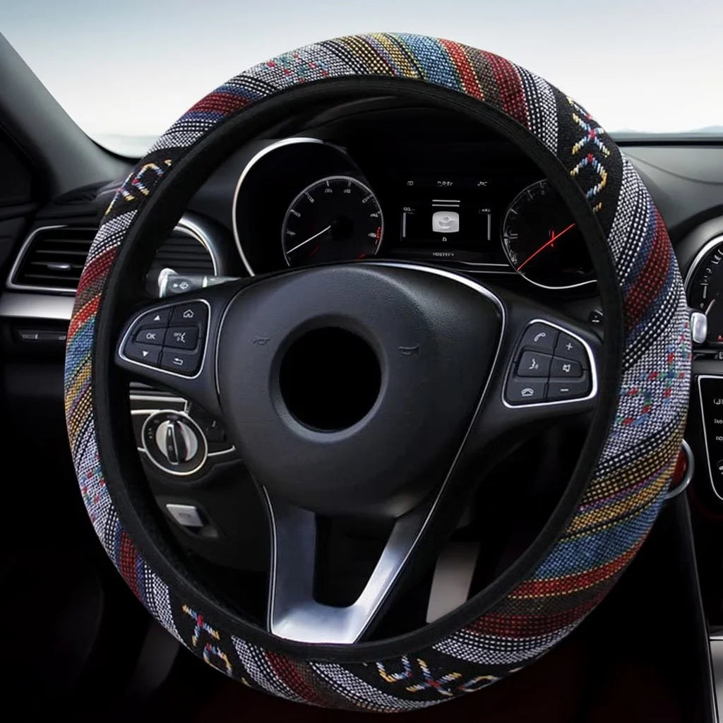 Ethnic Style Elastic Car Steering Wheel Cover No Inner Ring Suitable for 15inch Cars S close-up view