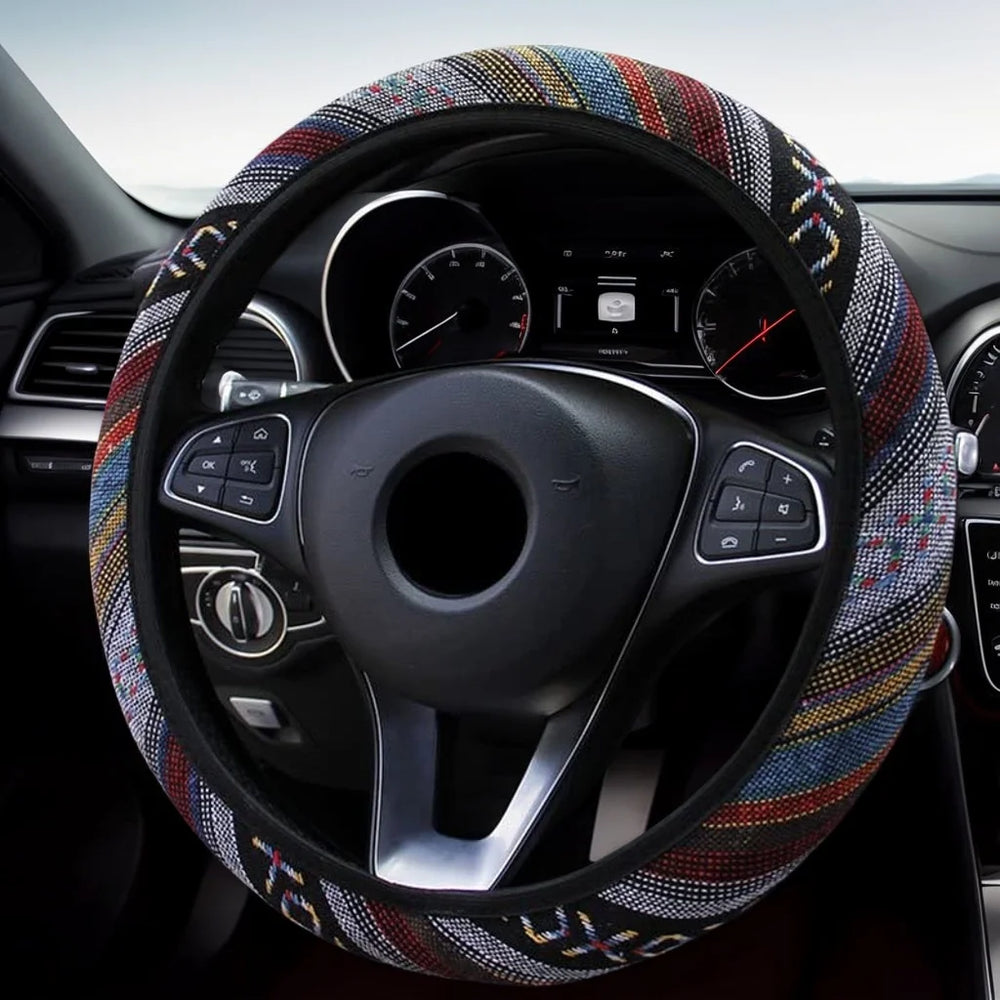 Ethnic Style Elastic Car Steering Wheel Cover No Inner Ring Suitable for 15inch Cars S close-up view