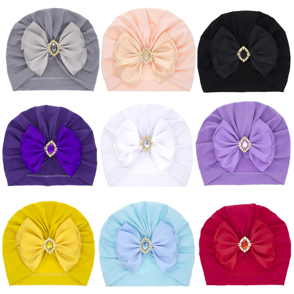 Solid Color Baby Turban Bow Beanie with Rhinestone | Handmade Infant Cap for Girls additional angle