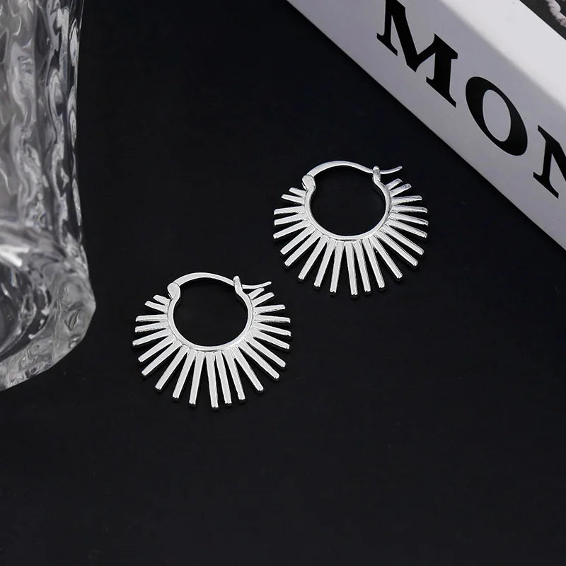 PANJBJ925 Sterling Silver Frosting Hoop Earrings For Women Texture Geometry Design Tr alternate view