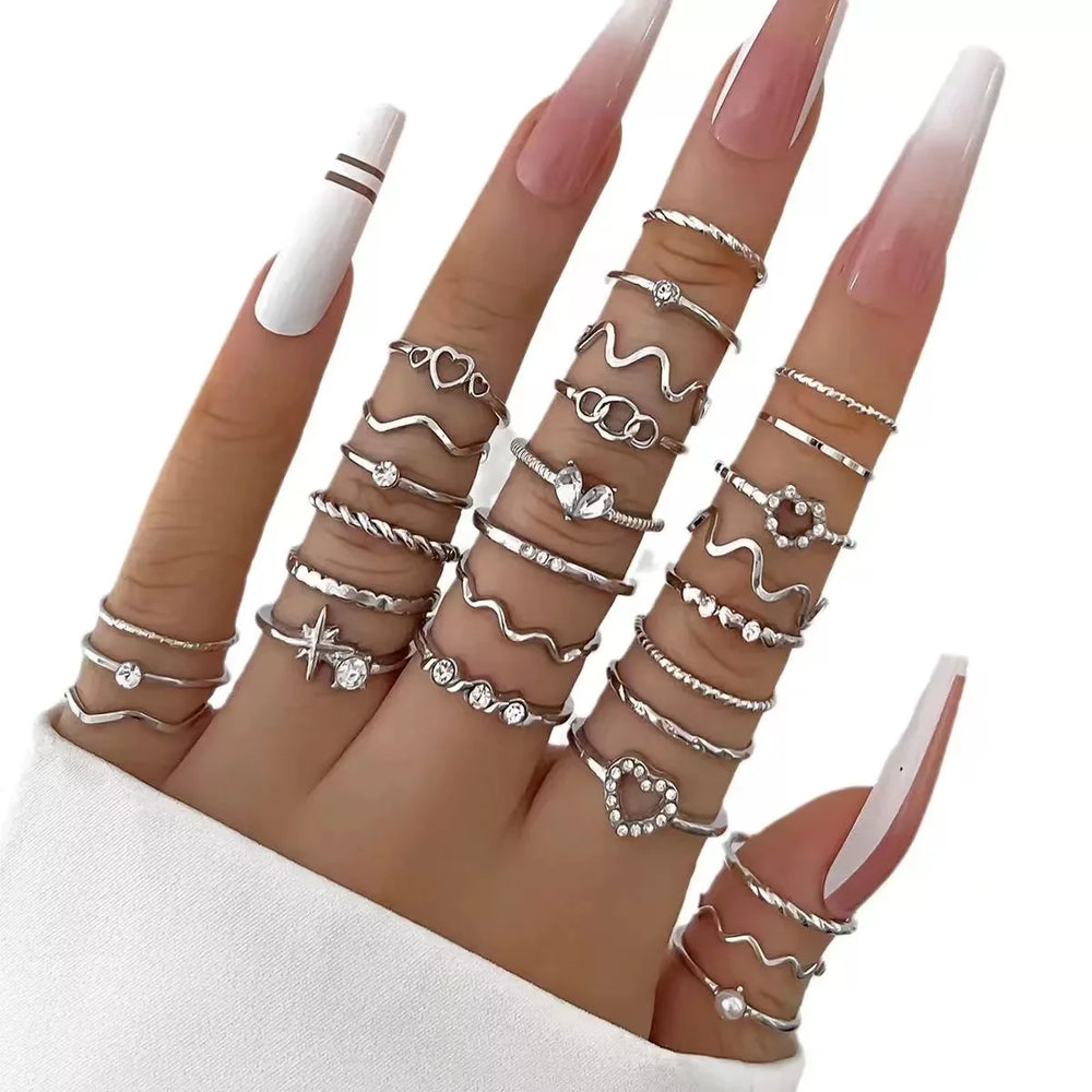 23PCS Fashion Luxury Shiny Zircon Wave Multi-Element Design Women's Ring Set, Suitabl lifestyle view