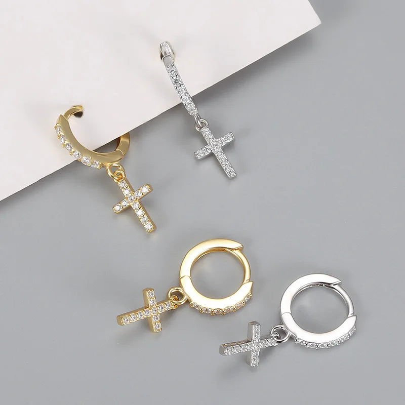 VOQ Silver Color Cross Zircon Pendant Earrings Personality Accessories Pendant Earrings detail view