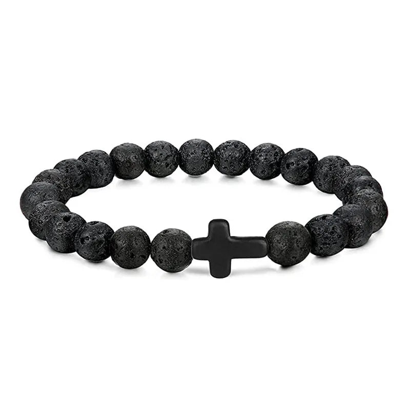 Prayer Men Natural Stone Wood Beads Rosary Hematite Cross Bracelets Onyx Meditation Br close-up view