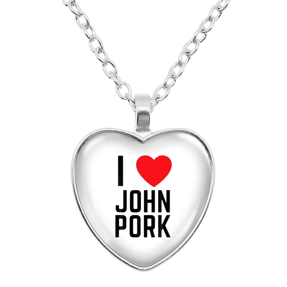 John Pork is Calling Answer Call Phone Humor Funny Pig Lover Graphic Glass Cabochon Heart-Shape Pendant Necklace Jewelry Gift