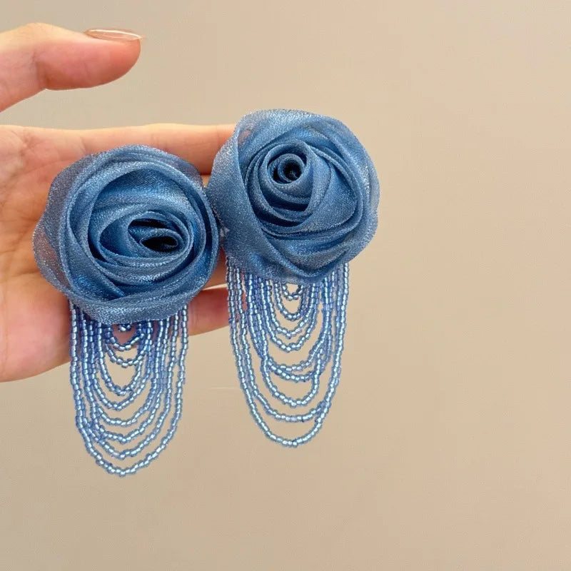 Fairy Mesh Rose Drop Earrings | Handmade Boho Tassel Jewelry alternate view