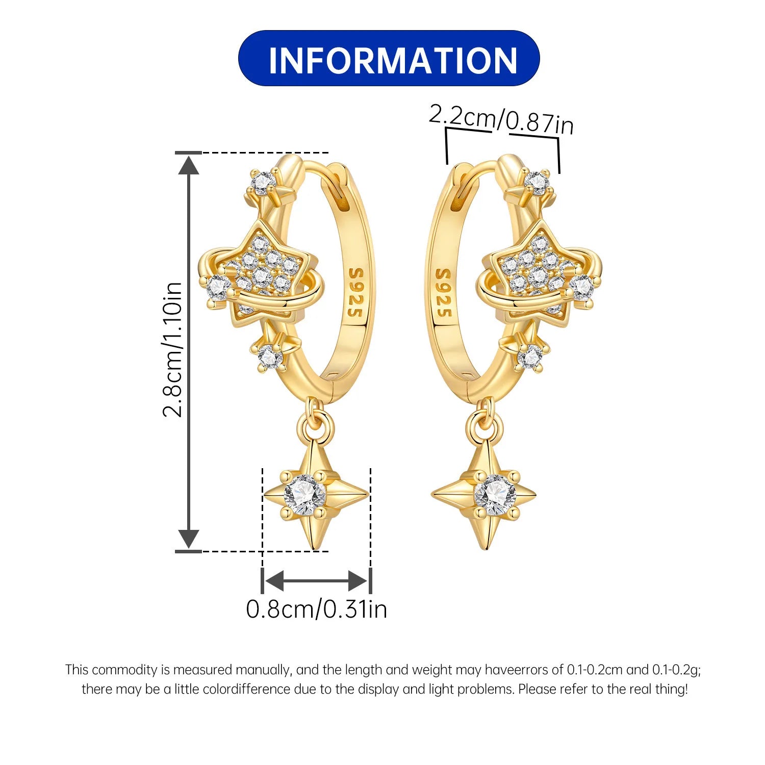 Original 925 Sterling Silver Planet Starlight Earrings Fashion 18K Gold Hoop Earring f close-up view