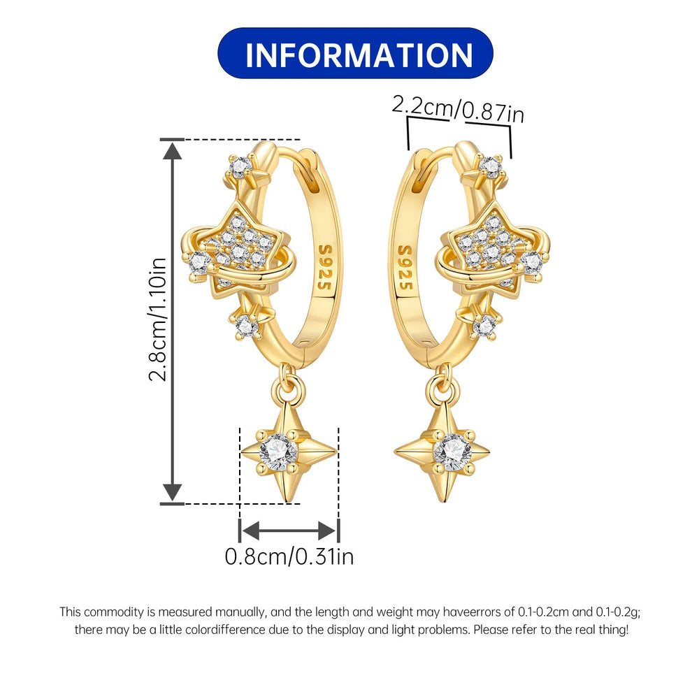 Original 925 Sterling Silver Planet Starlight Earrings Fashion 18K Gold Hoop Earring f close-up view