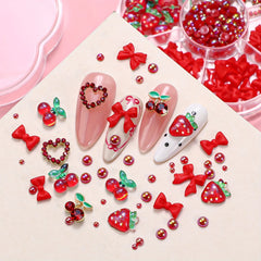 100PCS Random Mixed Strawberry Flowers Nail Charms Sweet Resin Flatback Moon Nail Art close-up view