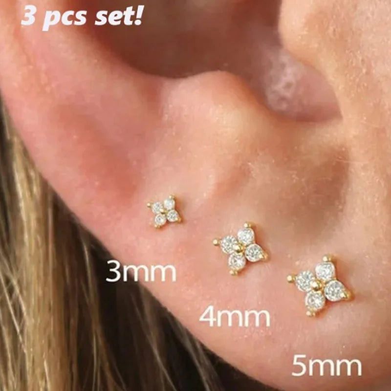 2/3Pcs Dainty CZ Flower Stud Earrings For Women, 18K Gold Plated Tiny Small Cute Cart alternate view