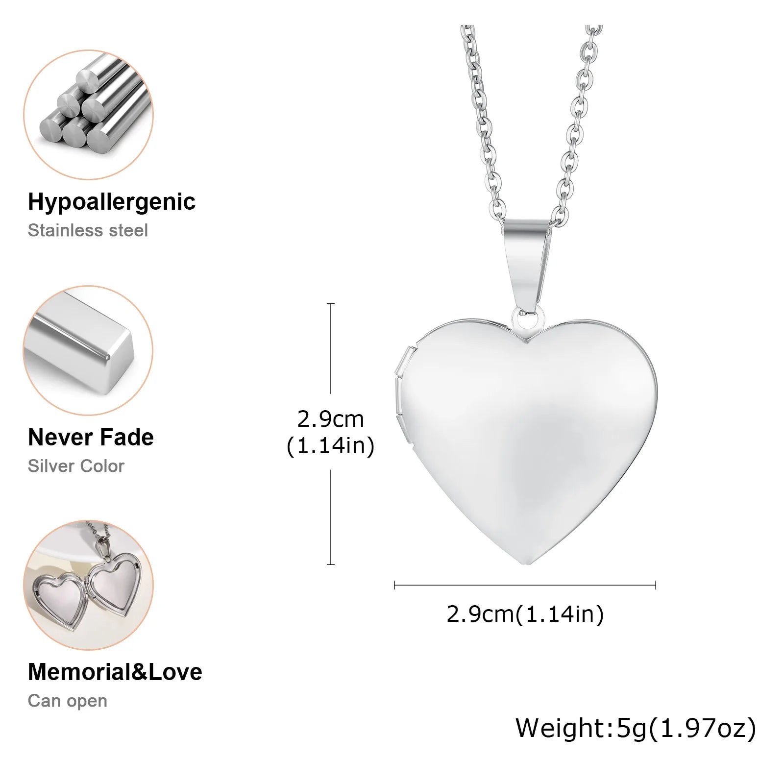 Vnox Never Fade Silver Color Stainless Steel Women Locket Pendant, Openable Heart Pen lifestyle view
