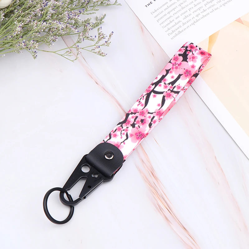 Sakura Cherry Blossom Car Keychain Lanyard | Metal Key Holder with Alloy Clip detail view