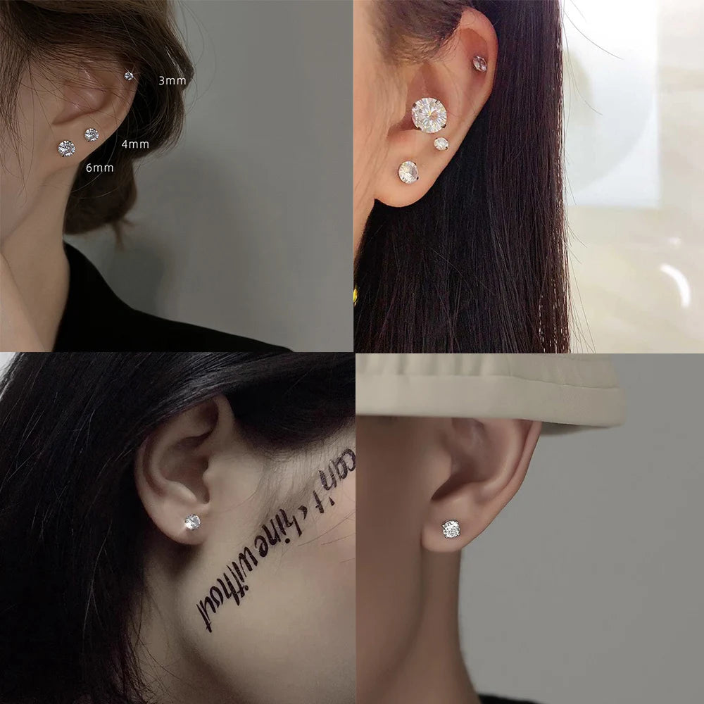LUXUSTEEL Crystal Zircon Stud Earrings | Screw Back Round CZ Earrings for Men Women additional angle