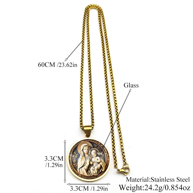 Virgin Mary Hold Baby Jesus Glass Round Medal Pendant Necklace | Gold Stainless Steel close-up view