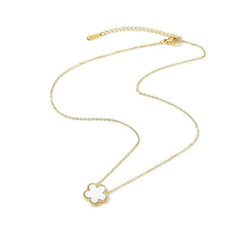 14K Gold Plated Stainless Steel Necklace Woman Five Leaf Petals Double Sided Necklaces close-up view